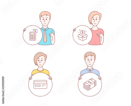 People hand drawn style. Set of Post package, Credit card and Calculator icons. Usd currency sign. Postbox, Card payment, Money management. Buying commerce.  Character hold circle button. Vector