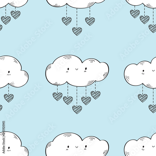 Seamless pattern with funny clouds and hearts for textiles, wallpapers, gift wraps and scrapbook. Vector.
