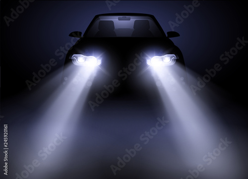 Bright and modern auto generic car headlights shining through fog at night. Vector illustration. photo