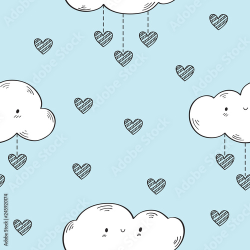 Seamless pattern with funny clouds and hearts for textiles, wallpapers, gift wraps and scrapbook. Vector.