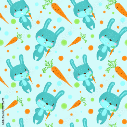Seamless pattern with rabbits on light blues background