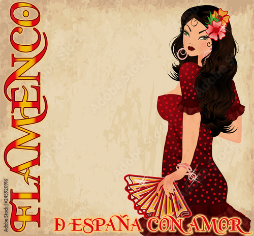 Flamenco Spain love banner with beautiful spanish girl and fan, vector illustration