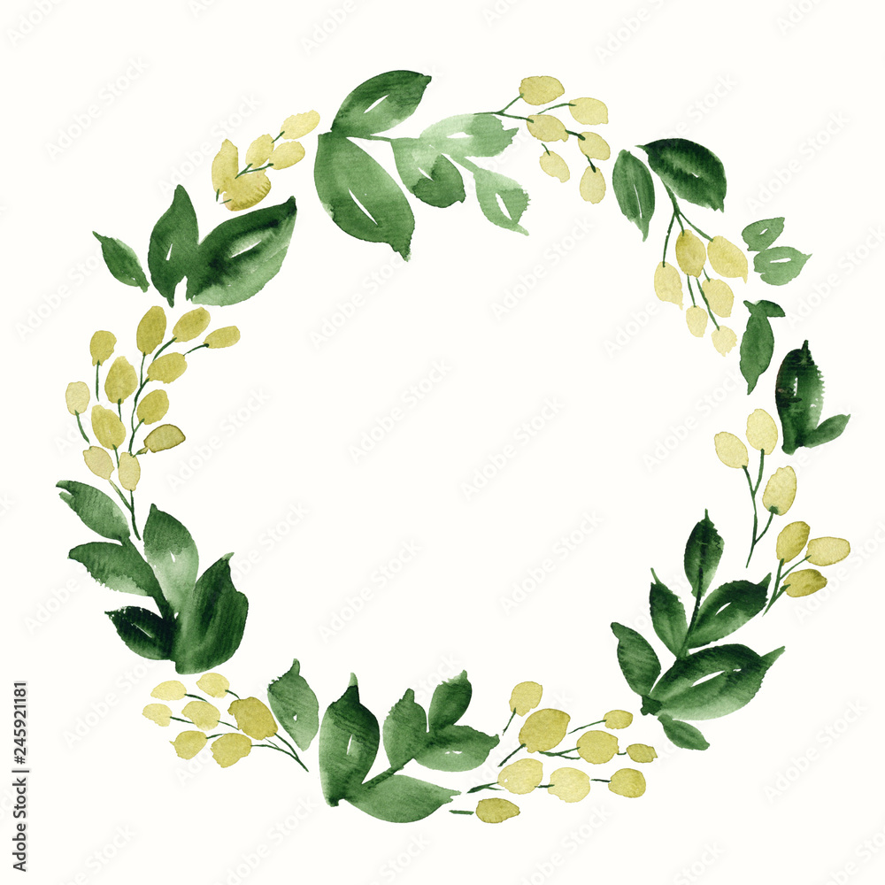 Watercolor wreath of leaves and berries. Hand painted floral composition Watercolor wreath of leaves and berries. Hand painted floral composition