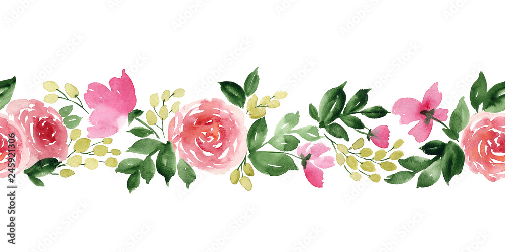 Watercolor horizontal seamless pattern with flowers of tea rose