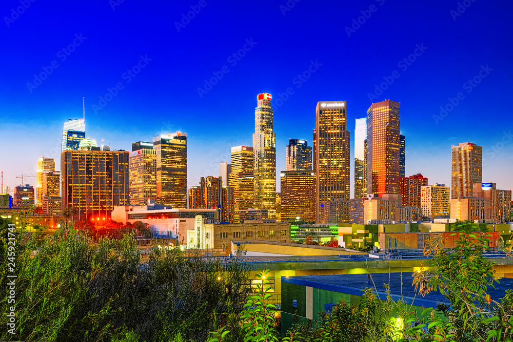 View of the Downtown of LA in the evening, night time.