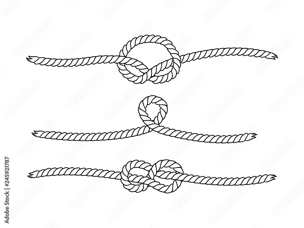 Black and white marine knots twine rope seamless pattern, vector