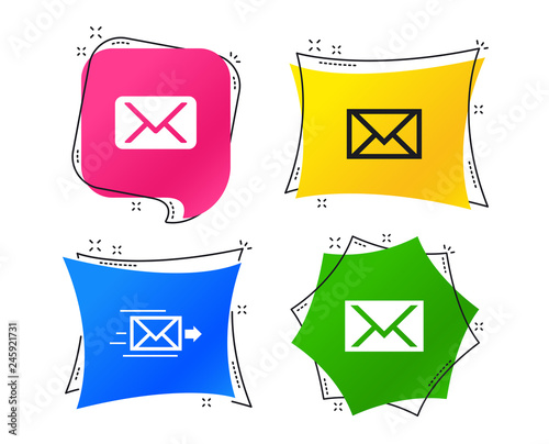 Mail envelope icons. Message delivery symbol. Post office letter signs. Geometric colorful tags. Banners with flat icons. Trendy design. Vector