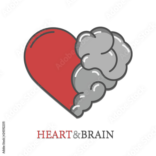 Heart and Brain flat modern icon logo vector design. Interaction between soul and intelligence, emotions and rational thinking or teamwork and balance