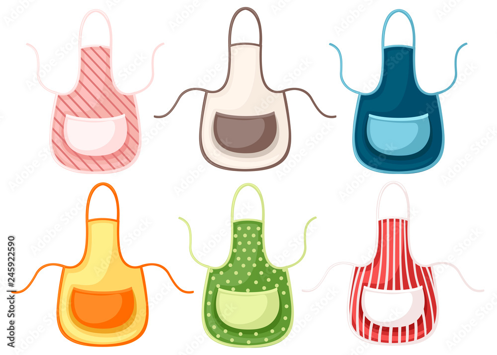 Set of colored kitchen apron. Cartoon flat style illustration isolated on white background Set of colored kitchen apron. Cartoon flat style illustration isolated on white background