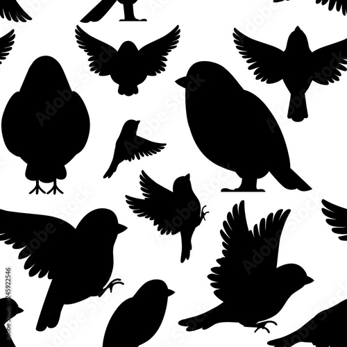 Black silhouette. Seamless pattern. Icon set of Titmouse bird . Flat cartoon character design. Bird icon in different side of view. Cute titmouse template. Vector illustration on white background