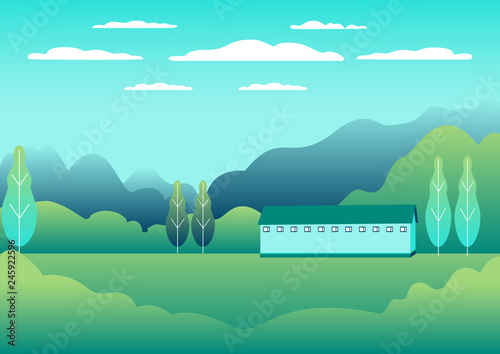 Rural design. Village landscape in flat style. Countryside landscape. Beautiful green fields, meadow, mountains and blue sky. Rural location in the hill, forest, trees, background cartoon vector