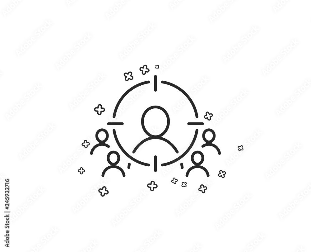Business targeting line icon. Marketing target strategy symbol. Aim with people sign. Geometric shapes. Random cross elements. Linear Business targeting icon design. Vector