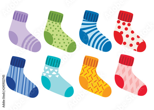 Colored wool knitted socks collection. Socks with different pattern and texture. Colorful set. Flat vector illustration isolated on white background
