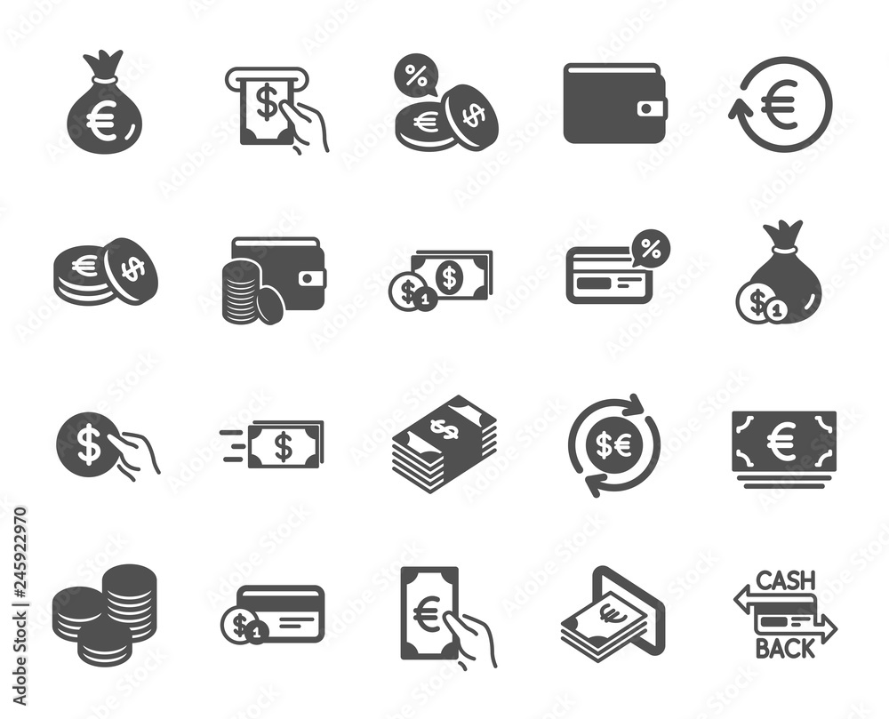 Money wallet icons. Set of Credit card, Cash and Coins icons. Banking, Currency exchange and Cashback service. Wallet, Euro and Dollar money, credit card. Cash exchange, bank payment. Vector Money wallet icons. Set of Credit card, Cash and Coins icons. Banking, Currency exchange and Cashback service. Wallet, Euro and Dollar money, credit card. Cash exchange, bank payment. Vector