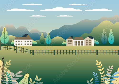 Rural valley view Farm countryside. Village landscape with ranch in flat style design. Landscape with detached house farm one family house, barn, building, tree, background cartoon vector illustration
