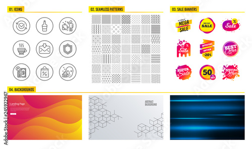 Seamless pattern. Shopping mall banners. Set of Shopping bag, Scotch bottle and Strategy icons. Incoming mail, Parking payment and Cafe creme signs. Security, Approved and Face cream symbols. Vector
