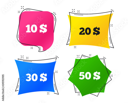 Money in Dollars icons. 10, 20, 30 and 50 USD symbols. Money signs Geometric colorful tags. Banners with flat icons. Trendy design. Vector