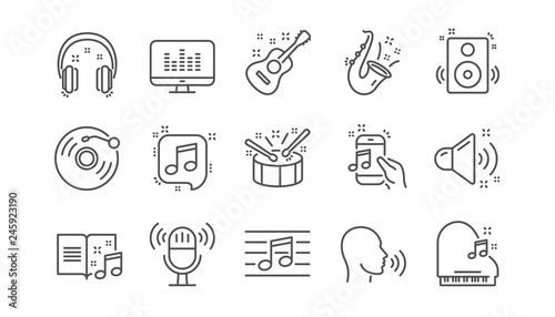 Music line icons. Guitar, Musical note and Headphones. Jazz saxophone linear icon set.  Vector