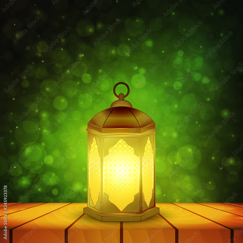 Islamic lantern on wooden table and emerald night background with bokeh for  Muslim Community festival. Bright beautiful arabic lamp. Design element for  greeting card, invitation. Vector illustration. Stock Vector | Adobe Stock