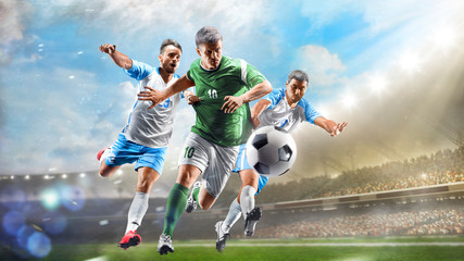 Soccer players in action on the day grand stadium background panorama