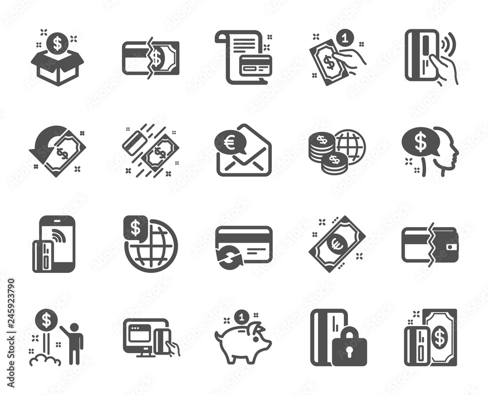 Money wallet icons. Update credit card, Contactless payment and Piggy bank icons. Online payment, Dollar exchange and Fast money send. Private pay, Blocked credit card and Wallet. Vector