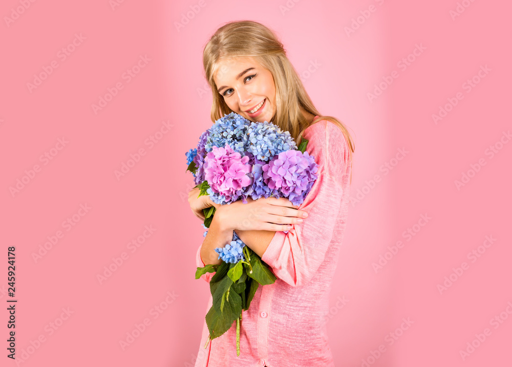 Summer beauty. Fashion portrait of woman. Healthy hair and skin. Makeup cosmetics and skincare. Spring woman with hydrangea flowers. girl with summer makeup. thank you Summer beauty. Fashion portrait of woman. Healthy hair and skin. Makeup cosmetics and skincare. Spring woman with hydrangea flowers. girl with summer makeup. thank you