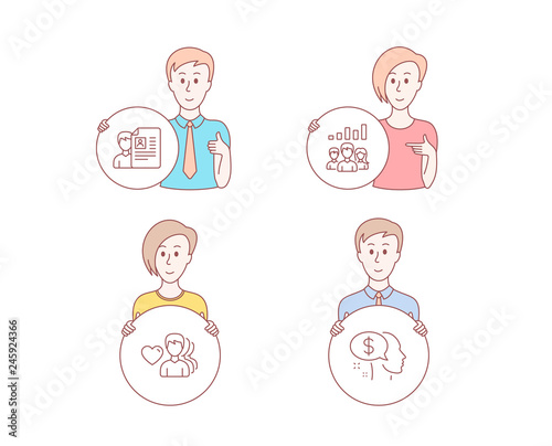 People hand drawn style. Set of Job interview, Teamwork results and Man love icons. Pay sign. Cv file, Group work, Romantic people. Beggar.  Character hold circle button. Man with like hand. Vector