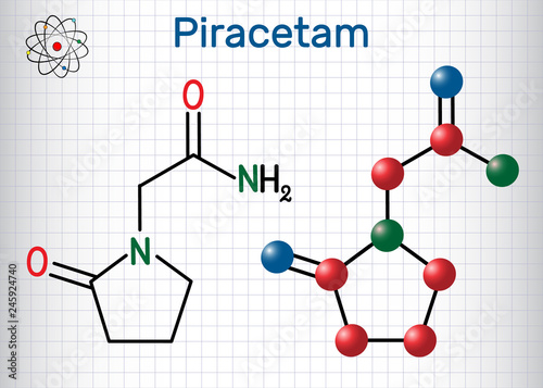 Piracetam molecule. It is nootropic drug.  Structural chemical formula and molecule model. Sheet of paper in a cage