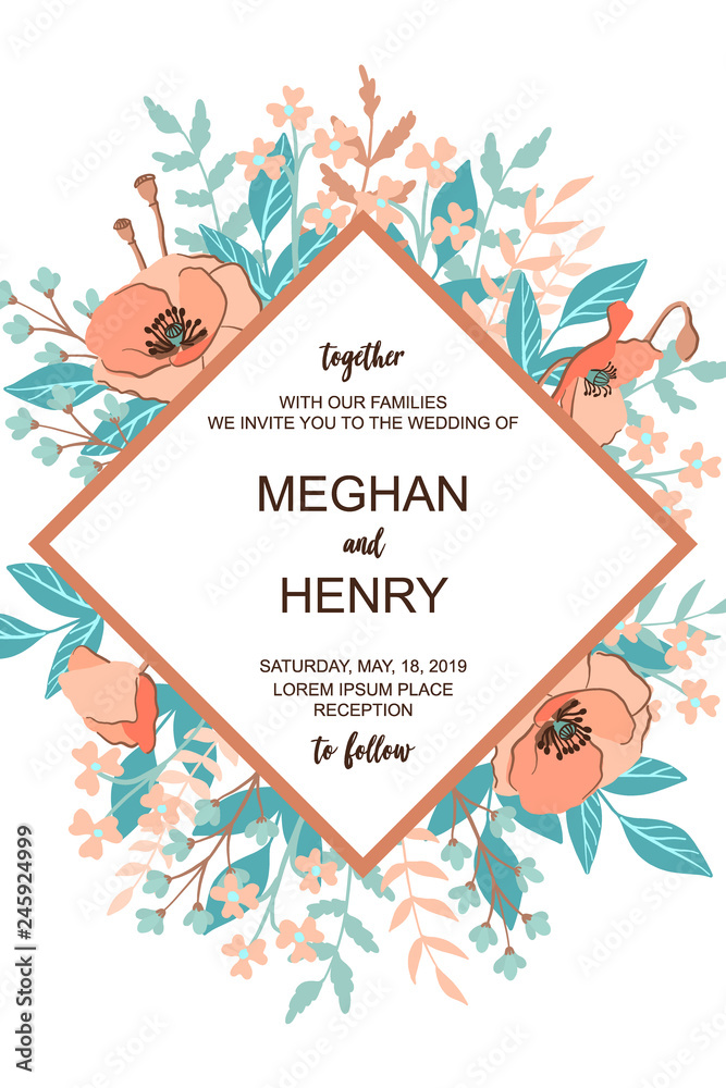 Classic and Refind wedding invitation card with flower frame background,  hand drawn floral elements label. Vector design template, isolated. Save  the date welcome card in trendy and fashion rust color Stock Vector |