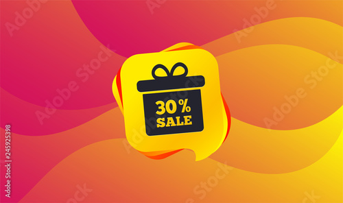 30% sale gift box tag sign icon. Discount symbol. Special offer label. Wave background. Abstract shopping banner. Template for design. Vector