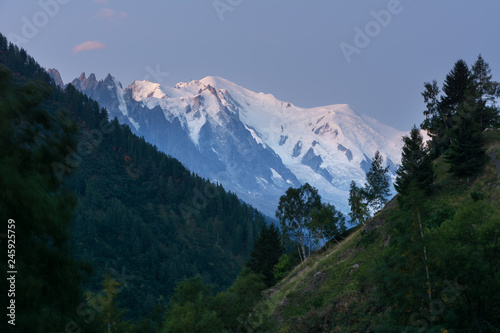 Evening and morning view of the town of Chamonix and Mount Mont Blanc.