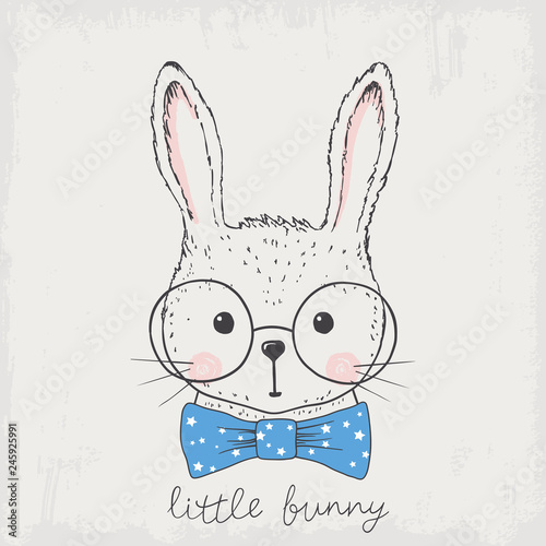 Cute rabbit face with glasses, bow tie