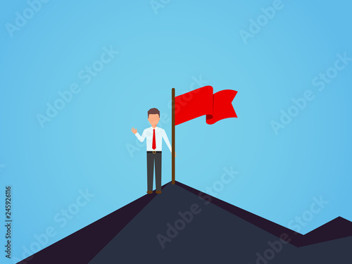 Business leader vector concept with businessman planting flag on top of mountain
