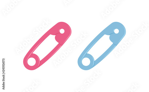 Pink and blue safety pins vector illustration collection for baby shower, craft or fix concept.