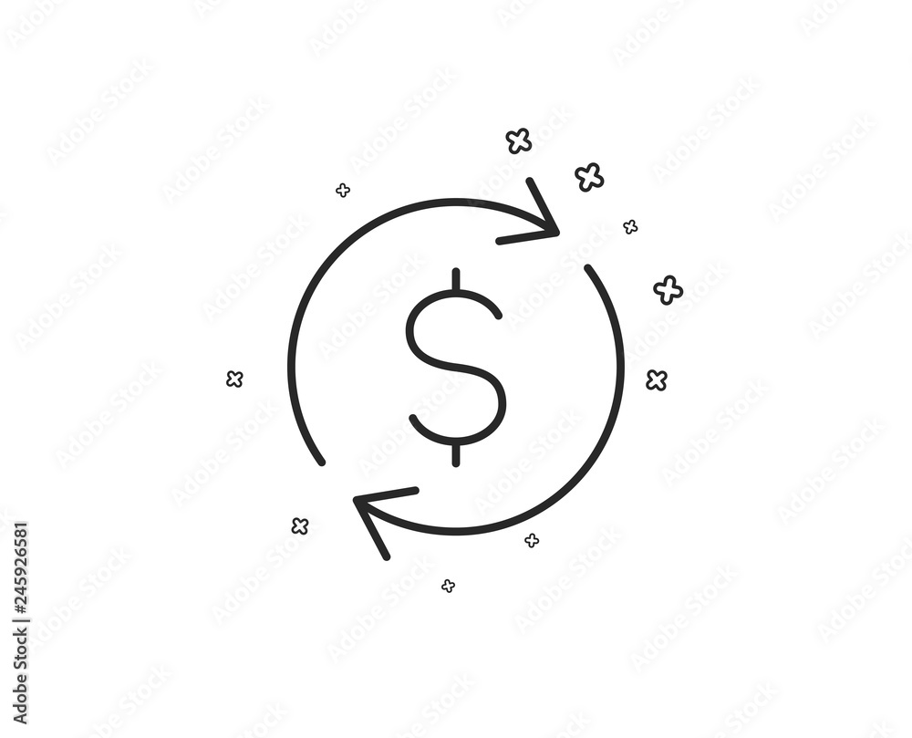Currency exchange line icon. Money Transfer sign. Dollar in rotation arrow symbol. Geometric shapes. Random cross elements. Linear Dollar exchange icon design. Vector Currency exchange line icon. Money Transfer sign. Dollar in rotation arrow symbol. Geometric shapes. Random cross elements. Linear Dollar exchange icon design. Vector