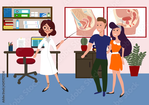 Sexologist clinic with doctor and patients. Consultation with a sexologist. A couple on a sexpotologist. Woman sexologist and young couple. Sexologist explain to couple their problem. Life is pain.