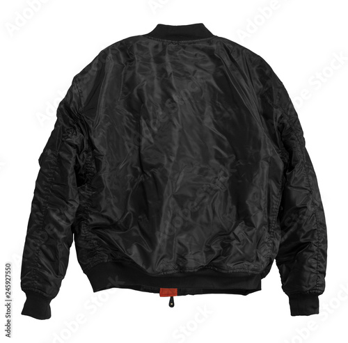 Foto Blank Pilot bomber jacket black color back view on white background
