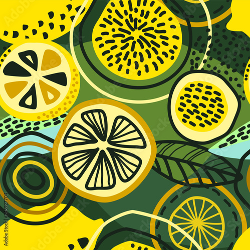 Vector abstract seamless pattern with lemons, circles, dots.