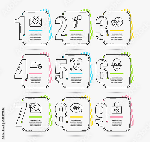 Infographic template with numbers 9 options. Set of Face detection, Agent and Face recognition icons. Approved mail, Notebook service and Receive mail signs. Vector