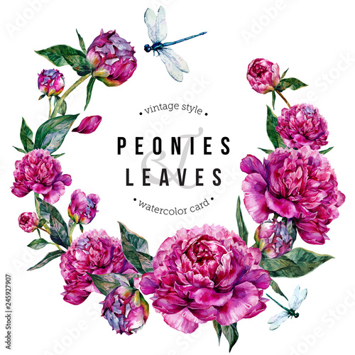 Fuchsia Peonies and Dragonflies Watercolor Wreath