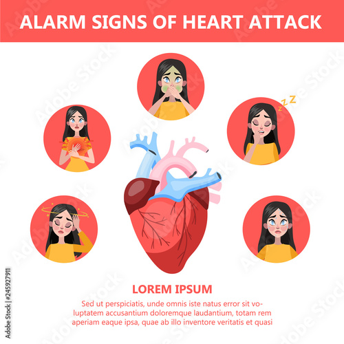 Heart attack symptoms and warning sings. Infographic