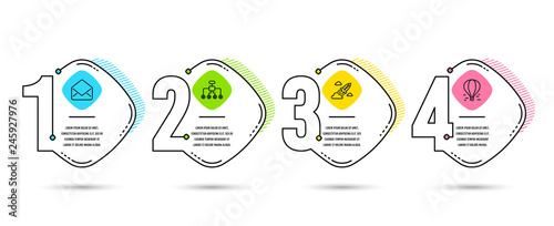 Infographic template 4 options or steps. Set of Mail, Restructuring and Startup rocket icons. Air balloon sign. E-mail, Delegate, Business innovation. Flight travel.  Process diagram, workflow layout