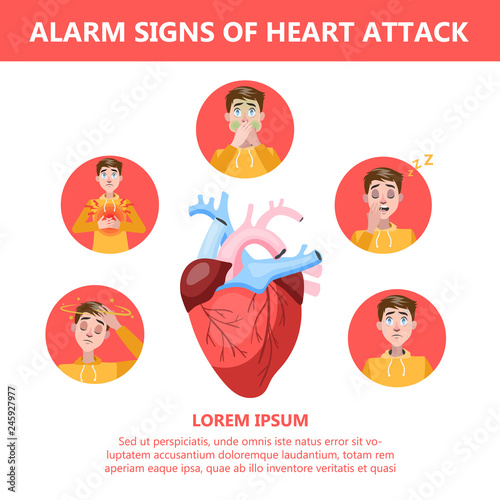 Heart attack symptoms and warning sings. Infographic