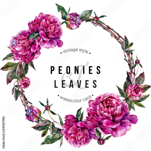 Fuchsia Peonies and Dragonflies Watercolor Wreath