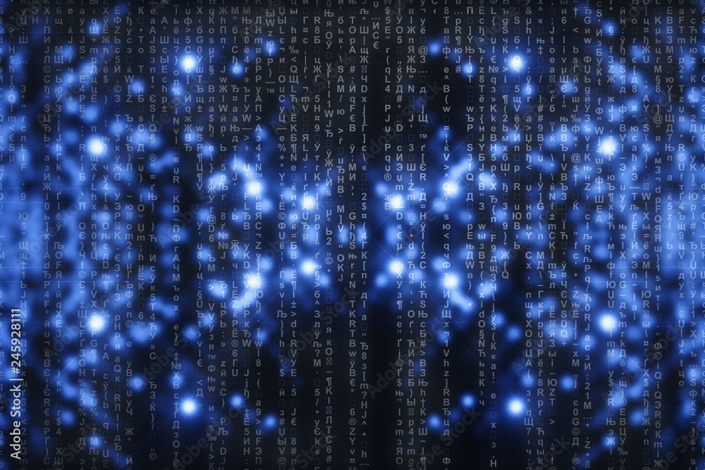 Matrix on blue digital background. Characters fall down. Stream of symbols. Shiny virtual reality with copy space. Sparkle backdrop. Complex algorithm. Falling letters and numbers. Hacking computer.