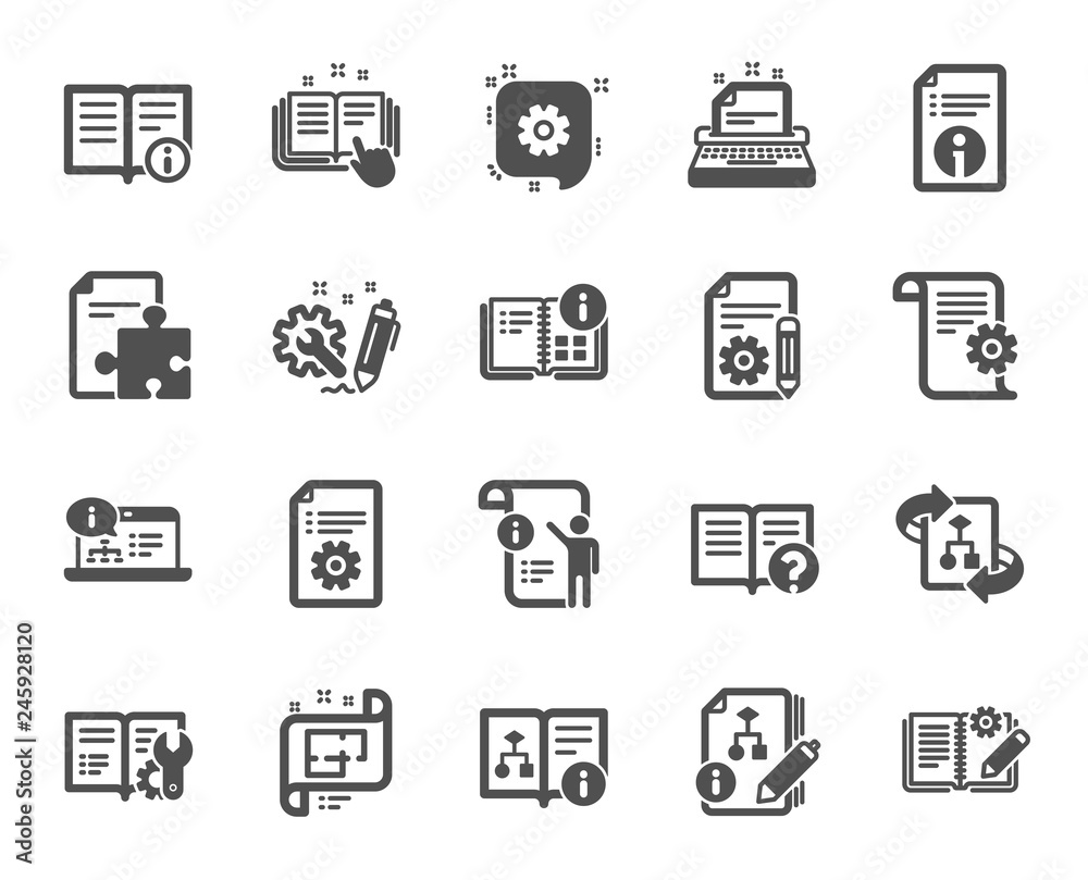 Technical document icons. Set of Instruction, Plan and Manual icons. Help document, Building plan and Algorithm symbols. Technical blueprint, Engineering instruction, Work tool, building. Vector Technical document icons. Set of Instruction, Plan and Manual icons. Help document, Building plan and Algorithm symbols. Technical blueprint, Engineering instruction, Work tool, building. Vector