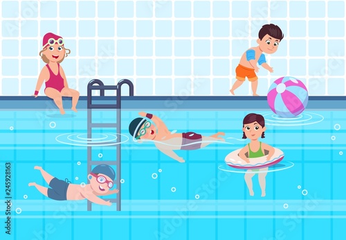 Kids in swimming pool. Boys and girls in swimwear play and swim in water. Happy childhood vector summer concept. Childhood summer and sport swimming, vacation swim illustration