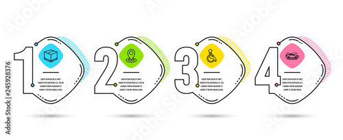 Infographic template 4 options or steps. Set of Delivery box, Disabled and Location icons. Car sign. Cargo package, Handicapped wheelchair, Map pointer. Transport.  Process diagram, workflow layout photo
