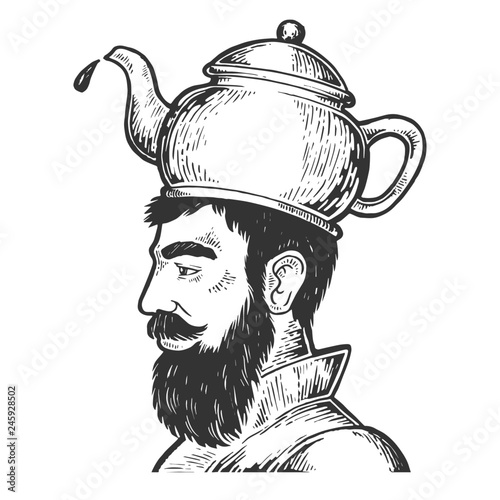 Man with boiling kettle teapot hat engraving vector illustration. Scratch board style imitation. Hand drawn image.