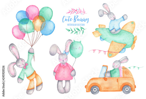 Obraz Akwarela Wesołych Świąt ładny króliczek królik z balonów na samochód i samolot